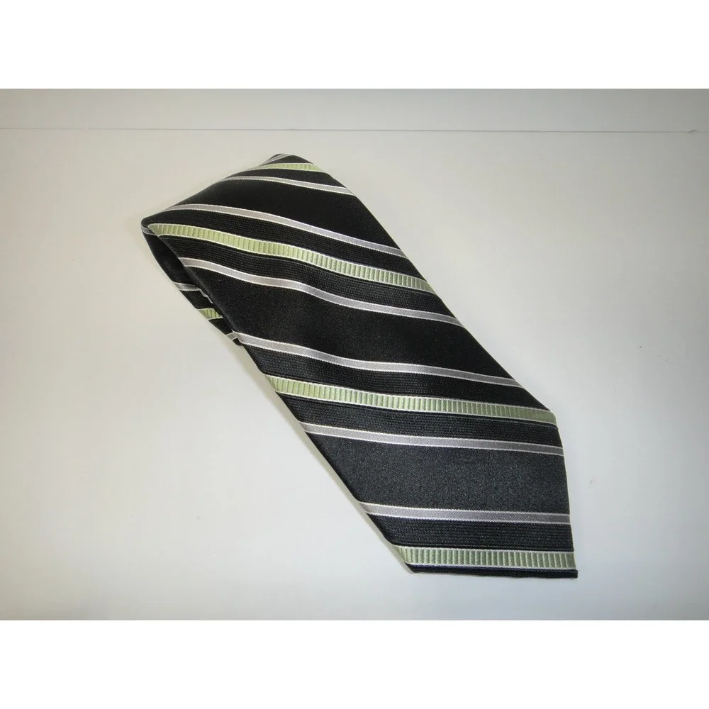 Michael Kors Mens Silk Necktie Black Lime Green Silver Diagonal Stripe RN 121148
